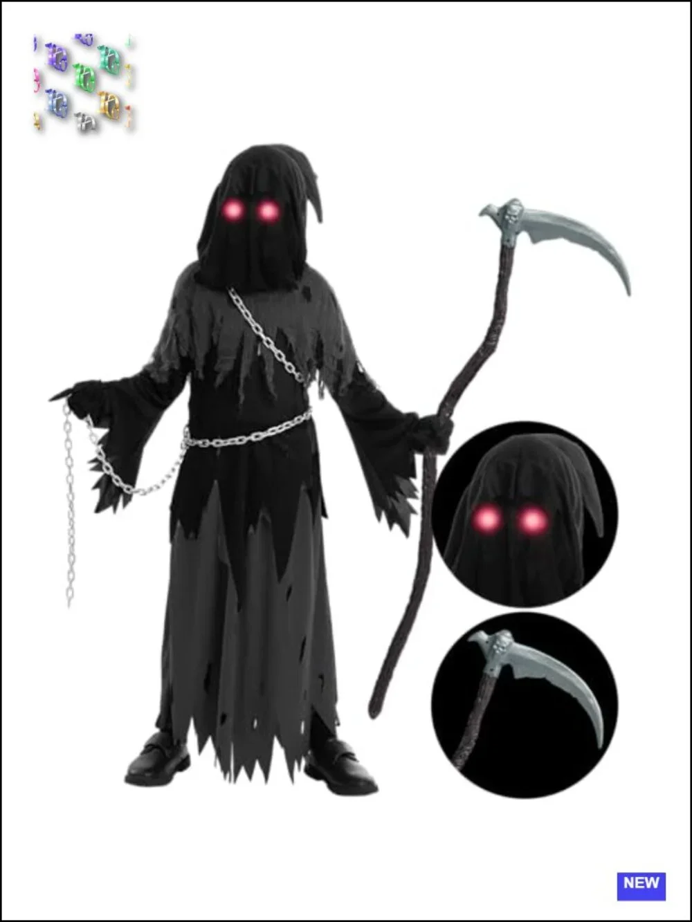 Kids Grim Reaper Halloween Costume with Glowing Eyes, Black Robe & Gloves,